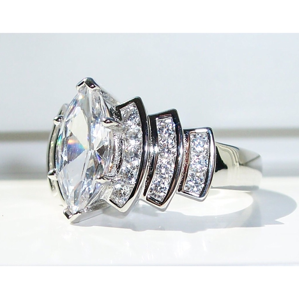 925 STERLING SILVER Marquise Cubic Zirconia Stair Step Tier Ring - Picture 3 of 16